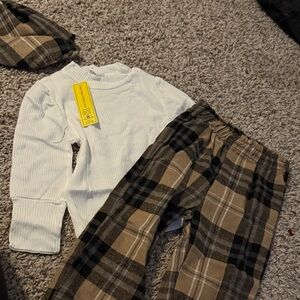 White Ribbed Top and Plaid Pants Set
